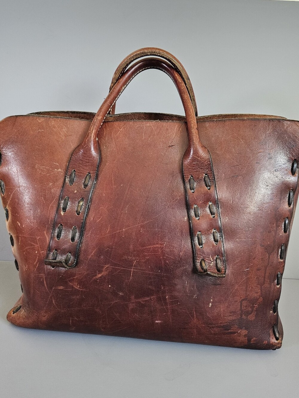 Gorgeous VINTAGE 1960s/70s Hippie Brown Handmade Leather Tote Bag
